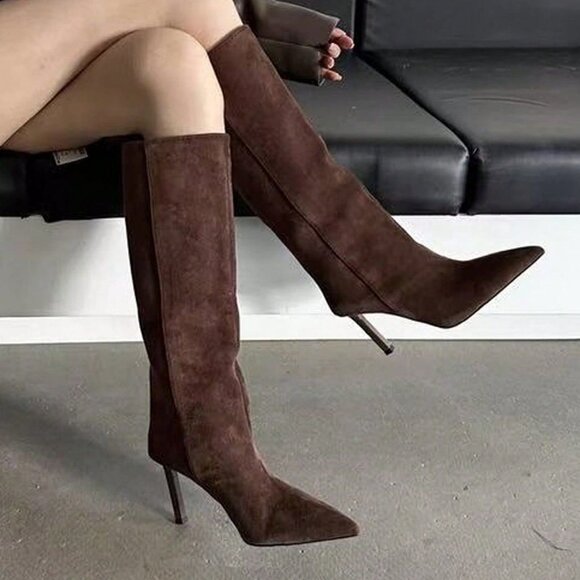 Brown Elegant Women's Pointed Toe High Heel Boots - Picture 4 of 5